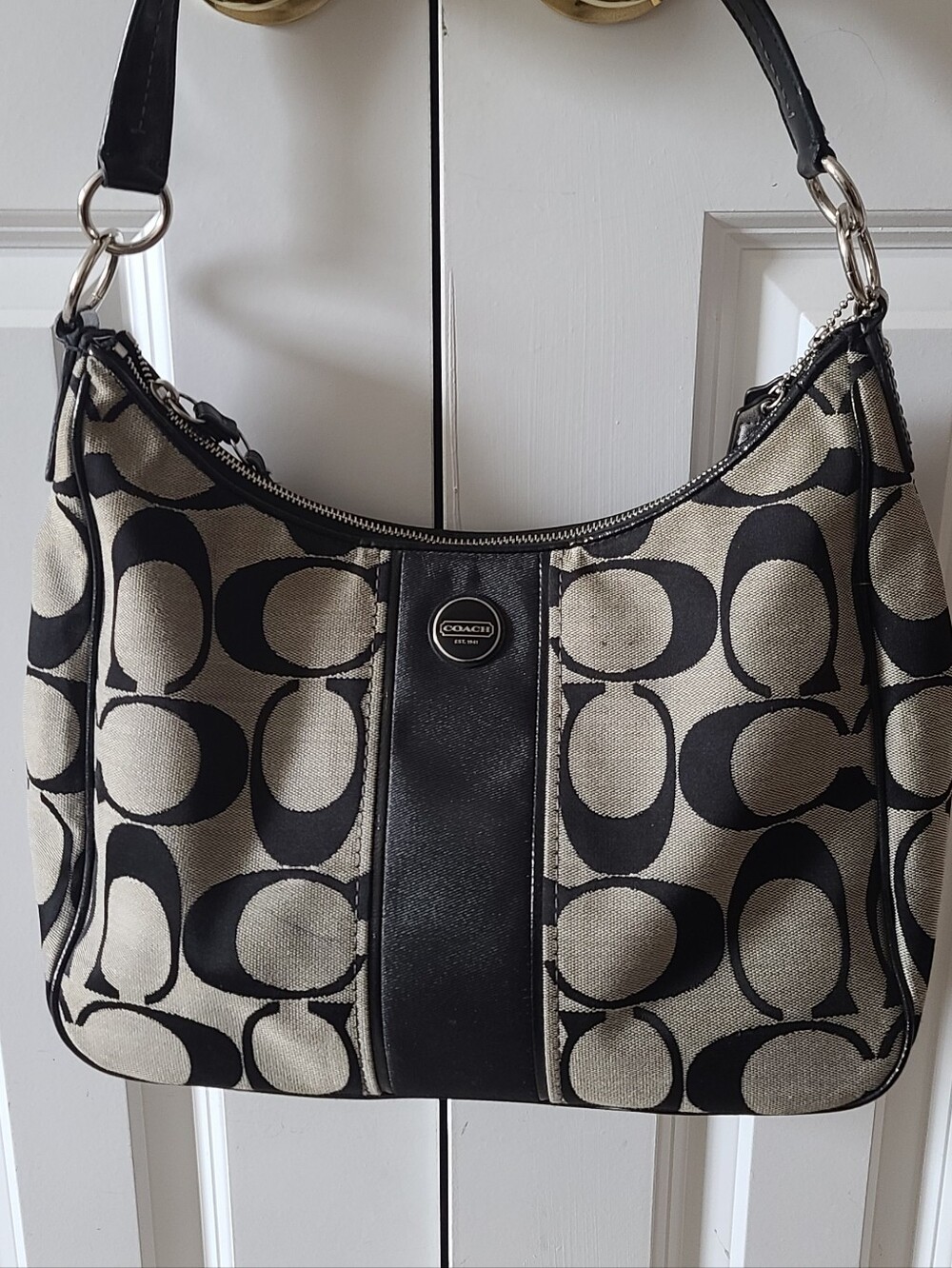 COACH Canvas Shoulder Bag in Black & Tan